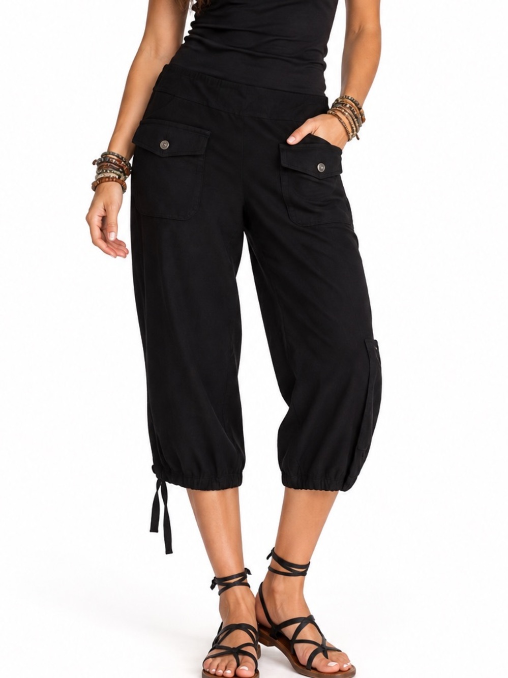 Max Studio Black Pull-On Cargo Capri Pants with Hem Ties Large